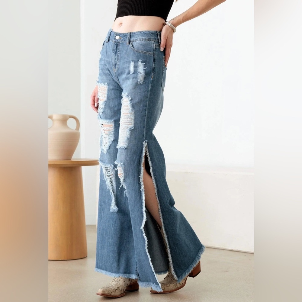 Distressed Blue Wide Leg Side Slit Women's Denim Jeans - Picture 4 of 6